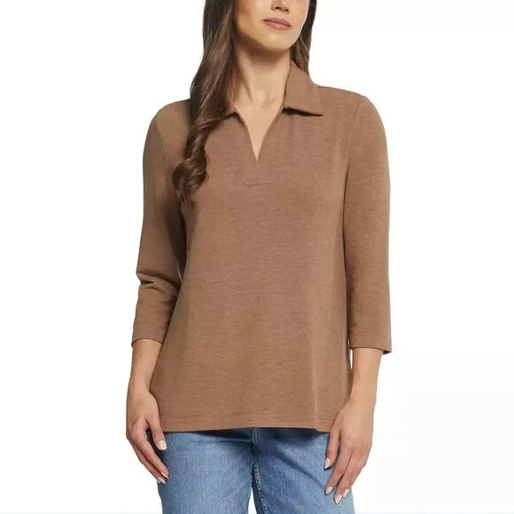 Matty M Tops - Matty M Women's The Johnny Collar Polo Top, Heather Camel, M